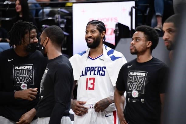 Paul George of the LA Clippers smiles during the game against the Utah Jazz during Round 2, Game 5 of the 2021 NBA Playoffs on June 16, 2021 at...