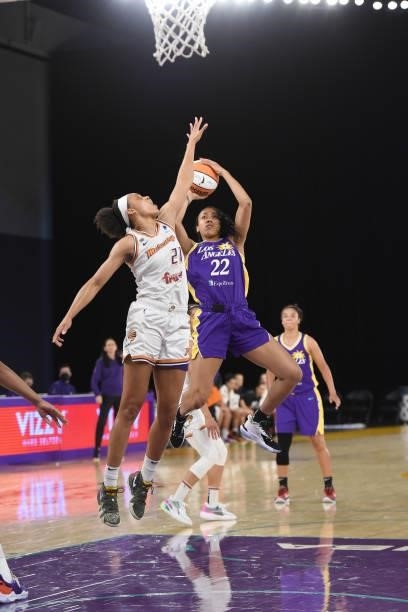 Arella Guirantes of the Los Angeles Sparks looks to shoot the ball against the Phoenix Mercury on June 16, 2021 at Los Angeles Convention Center in...
