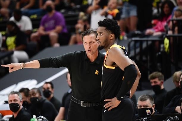 Head Coach Quin Snyder of the Utah Jazz talks to Donovan Mitchell of the Utah Jazz during the game against the LA Clippers during Round 2, Game 5 of...