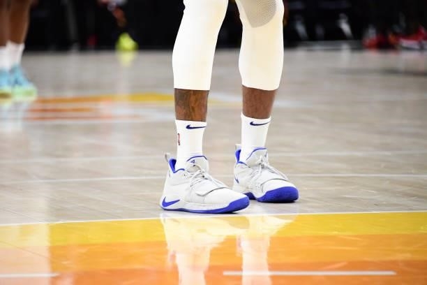 The sneakers worn by Paul George of the LA Clippers during the game against the Utah Jazz during Round 2, Game 5 of the 2021 NBA Playoffs on June 16,...