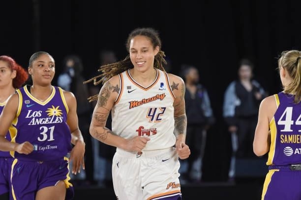 Brittney Griner of the Phoenix Mercury smiles during the game against the Los Angeles Sparks on June 16, 2021 at Los Angeles Convention Center in Los...