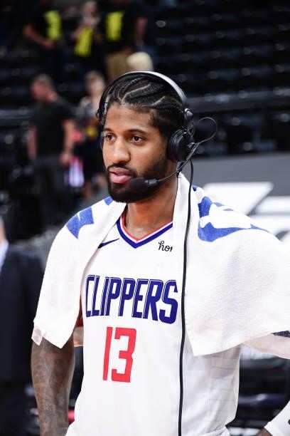 Paul George of the LA Clippers talks to the media after the game against the Utah Jazz during Round 2, Game 5 of the 2021 NBA Playoffs on June 16,...