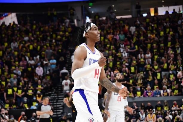 Terance Mann of the LA Clippers reacts to a play during the game against the Utah Jazz during Round 2, Game 5 of the 2021 NBA Playoffs on June 16,...