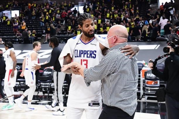 Paul George of the LA Clippers talks to Owner, Steve Ballmer of the LA Clippers after the game against the Utah Jazz during Round 2, Game 5 of the...
