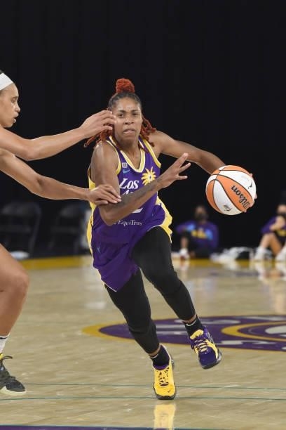Bria Holmes of the Los Angeles Sparks drives to the basket against the Phoenix Mercury on June 16, 2021 at Los Angeles Convention Center in Los...