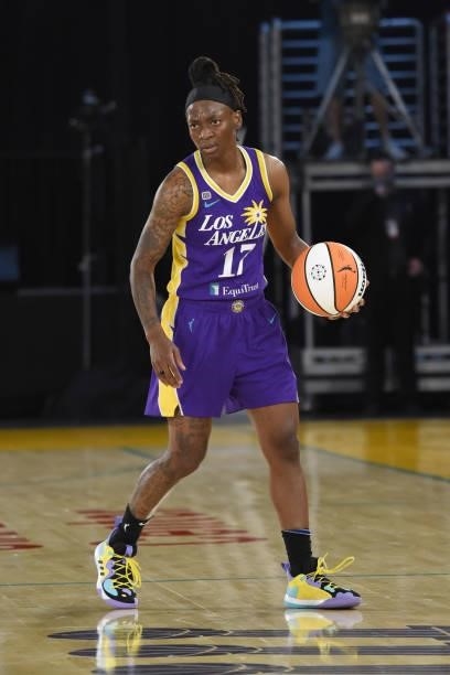 Erica Wheeler of the Los Angeles Sparks handles the ball against the Phoenix Mercury on June 16, 2021 at Los Angeles Convention Center in Los...