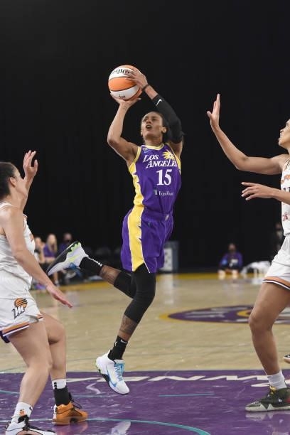 Brittney Sykes of the Los Angeles Sparks looks to shoot the ball against the Phoenix Mercury on June 16, 2021 at Los Angeles Convention Center in Los...