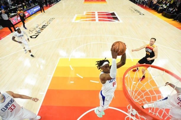 Terance Mann of the LA Clippers rebounds the ball during the game against the Utah Jazz during Round 2, Game 5 of the 2021 NBA Playoffs on June 16,...