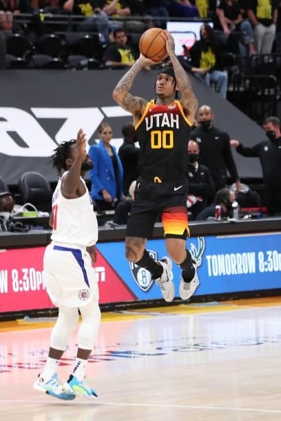 Jordan Clarkson of the Utah Jazz shoots a three-pointer during the game against the LA Clippers during Round 2, Game 5 of the 2021 NBA Playoffs on...