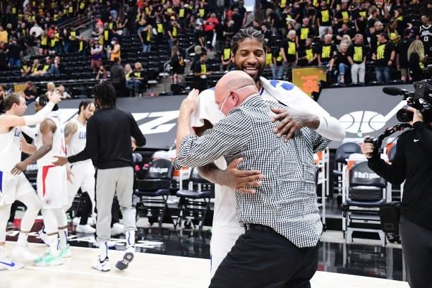 Paul George of the LA Clippers hugs Owner, Steve Ballmer of the LA Clippers after the game against the Utah Jazz during Round 2, Game 5 of the 2021...