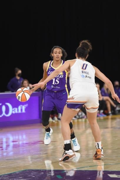 Brittney Sykes of the Los Angeles Sparks dribbles the ball against the Phoenix Mercury on June 16, 2021 at Los Angeles Convention Center in Los...