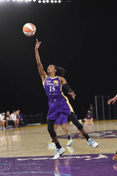 Brittney Sykes of the Los Angeles Sparks shoots the ball against the Phoenix Mercury on June 16, 2021 at Los Angeles Convention Center in Los...