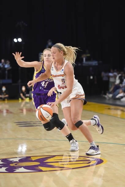 Sophie Cunningham of the Phoenix Mercury dribbles the ball against the Los Angeles Sparks on June 16, 2021 at Los Angeles Convention Center in Los...