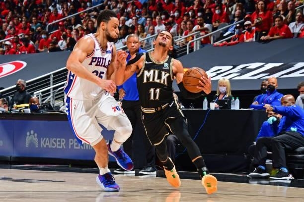 Trae Young of the Atlanta Hawks drives to the basket against the Philadelphia 76ers during Round 2, Game 4 of the 2021 NBA Playoffs on June 14, 2021...