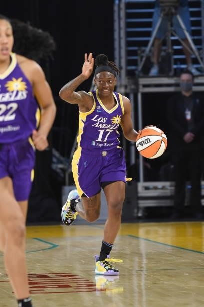 Erica Wheeler of the Los Angeles Sparks dribbles the ball against the Phoenix Mercury on June 16, 2021 at Los Angeles Convention Center in Los...