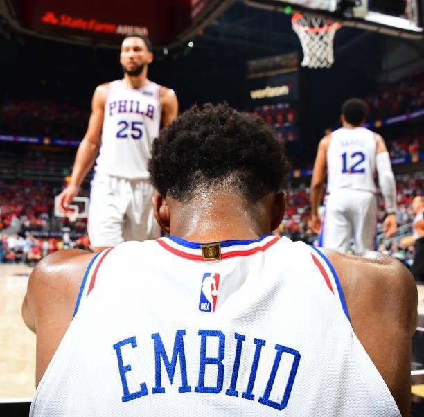 Closeup shot of the jersey of Joel Embiid of the Philadelphia 76ers during the game against the Atlanta Hawks during Round 2, Game 4 of the 2021 NBA...