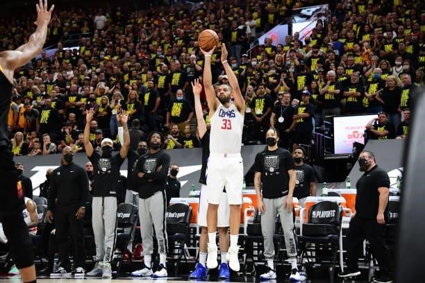 Nicolas Batum of the LA Clippers shoots a three point basket during the game against the Utah Jazz during Round 2, Game 5 of the 2021 NBA Playoffs on...