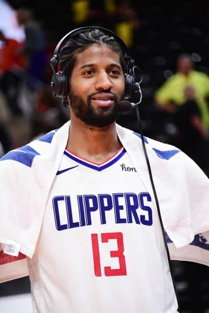 Paul George of the LA Clippers talks to the media after the game against the Utah Jazz during Round 2, Game 5 of the 2021 NBA Playoffs on June 16,...