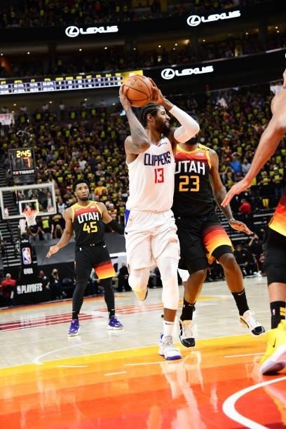 Paul George of the LA Clippers looks to pass the ball during the game against the Utah Jazz during Round 2, Game 5 of the 2021 NBA Playoffs on June...