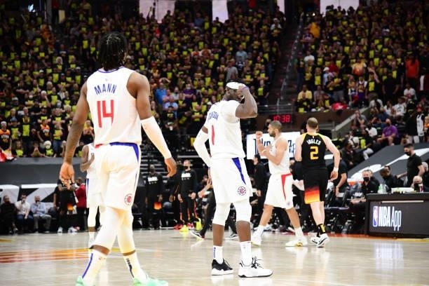Reggie Jackson of the LA Clippers reacts to a play during the game against the Utah Jazz during Round 2, Game 5 of the 2021 NBA Playoffs on June 16,...
