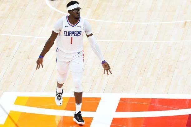 Reggie Jackson of the LA Clippers celebrates a three-point shot in Game Five of the Western Conference second-round playoff series against the Utah...