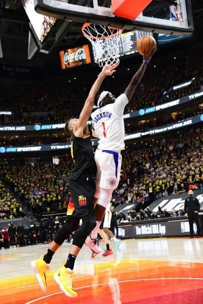 Reggie Jackson of the LA Clippers drives to the basket during the game against the Utah Jazz during Round 2, Game 5 of the 2021 NBA Playoffs on June...