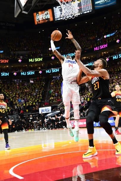 Terance Mann of the LA Clippers drives to the basket during the game against the Utah Jazz during Round 2, Game 5 of the 2021 NBA Playoffs on June...