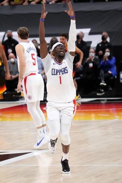Reggie Jackson of the LA Clippers celebrates during the game against the Utah Jazz during Round 2, Game 5 of the 2021 NBA Playoffs on June 16, 2021...