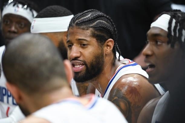 Paul George of the LA Clippers talks to the team during the game against the Utah Jazz during Round 2, Game 5 of the 2021 NBA Playoffs on June 16,...