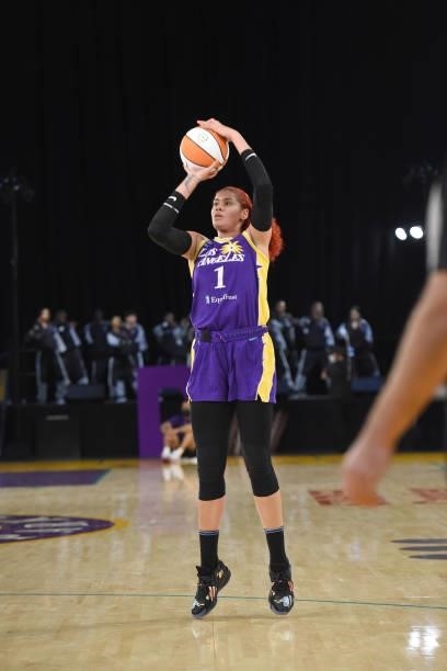 Amanda Zahui B of the Los Angeles Sparks shoots the ball against the Phoenix Mercury on June 16, 2021 at Los Angeles Convention Center in Los...