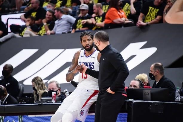 Paul George of the LA Clippers talks to Head Coach Tyronn Lue of the Los Angeles Clippers during the game against the Utah Jazz during Round 2, Game...