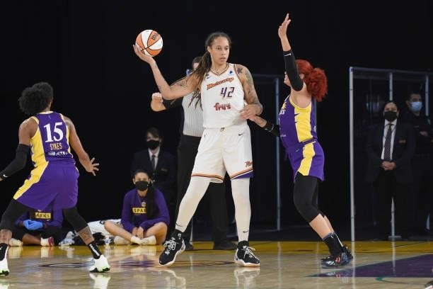 Brittney Griner of the Phoenix Mercury handles the ball against the Los Angeles Sparks on June 16, 2021 at Los Angeles Convention Center in Los...