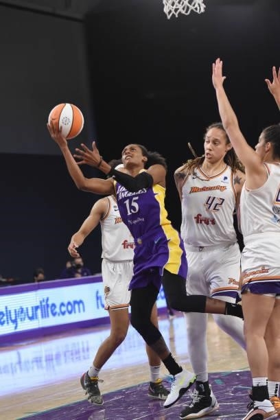 Brittney Sykes of the Los Angeles Sparks drives to the basket against the Phoenix Mercury on June 16, 2021 at Los Angeles Convention Center in Los...