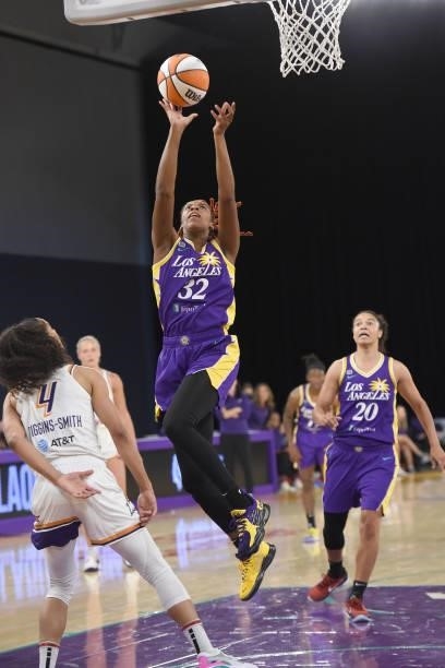 Bria Holmes of the Los Angeles Sparks drives to the basket against the Phoenix Mercury on June 16, 2021 at Los Angeles Convention Center in Los...