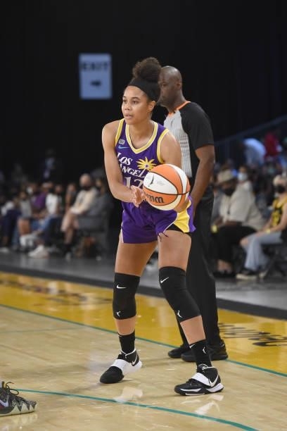 Nia Coffey of the Los Angeles Sparks handles the ball against the Phoenix Mercury on June 16, 2021 at Los Angeles Convention Center in Los Angeles,...