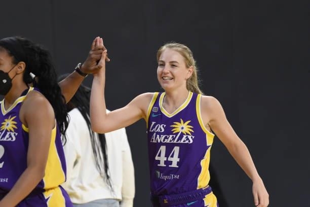 Karlie Samuelson of the Los Angeles Sparks smiles during the game against the Phoenix Mercury on June 16, 2021 at Los Angeles Convention Center in...