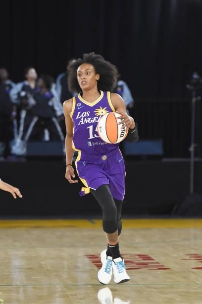Brittney Sykes of the Los Angeles Sparks handles the ball against the Phoenix Mercury on June 16, 2021 at Los Angeles Convention Center in Los...
