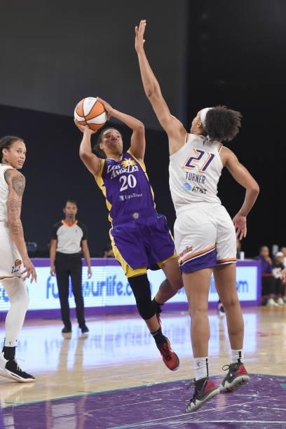 Kristi Toliver of the Los Angeles Sparks looks to shoot the ball against the Phoenix Mercury on June 16, 2021 at Los Angeles Convention Center in Los...