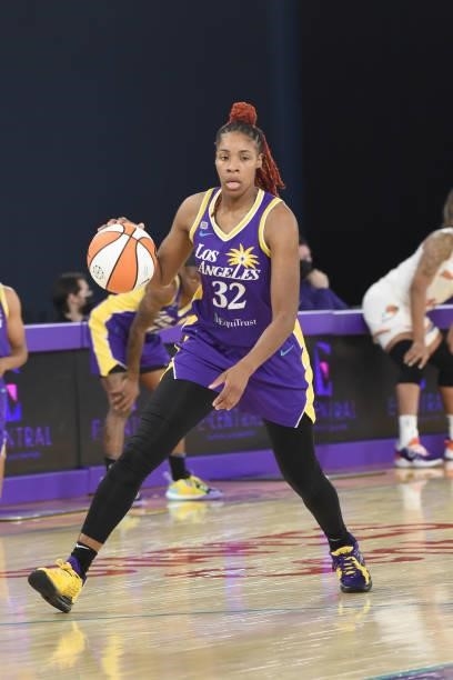 Bria Holmes of the Los Angeles Sparks handles the ball against the Phoenix Mercury on June 16, 2021 at Los Angeles Convention Center in Los Angeles,...