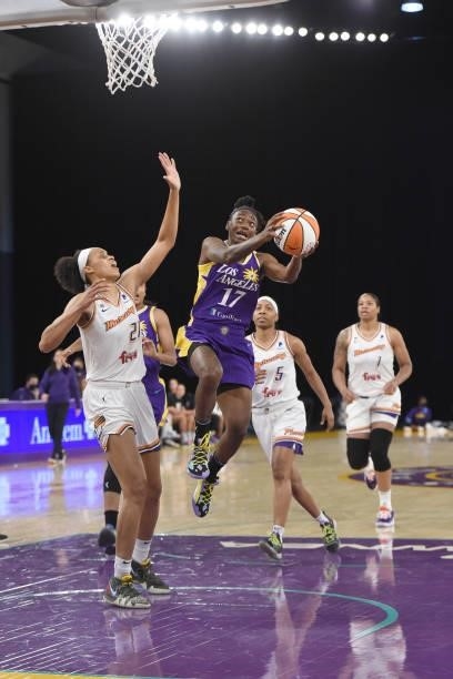 Erica Wheeler of the Los Angeles Sparks drives to the basket against the Phoenix Mercury on June 16, 2021 at Los Angeles Convention Center in Los...