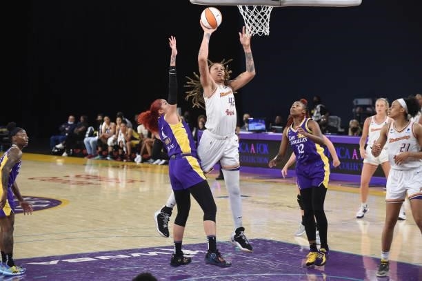 Brittney Griner of the Phoenix Mercury drives to the basket against the Los Angeles Sparks on June 16, 2021 at Los Angeles Convention Center in Los...