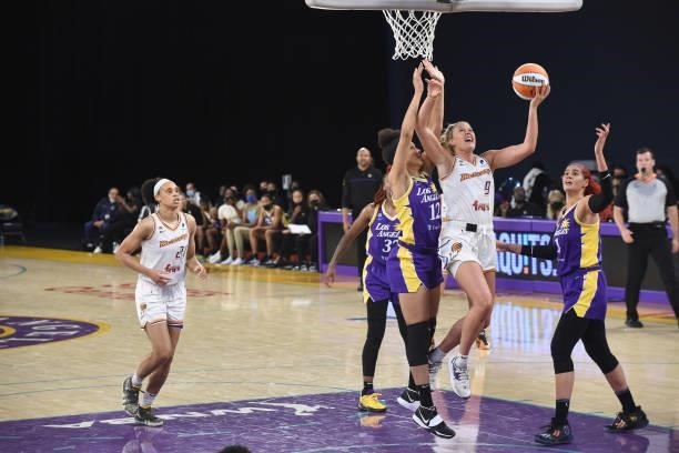 Sophie Cunningham of the Phoenix Mercury drives to the basket against the Los Angeles Sparks on June 16, 2021 at Los Angeles Convention Center in Los...