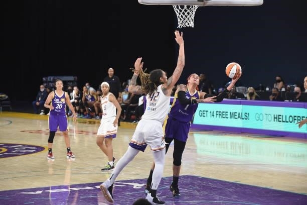 Amanda Zahui B of the Los Angeles Sparks drives to the basket against the Phoenix Mercury on June 16, 2021 at Los Angeles Convention Center in Los...