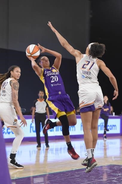 Kristi Toliver of the Los Angeles Sparks looks to shoot the ball against the Phoenix Mercury on June 16, 2021 at Los Angeles Convention Center in Los...