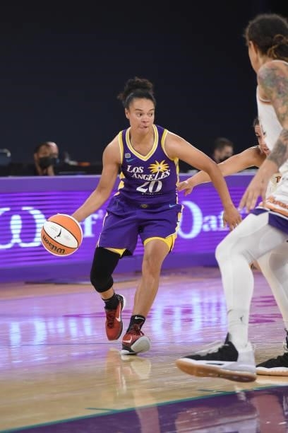 Kristi Toliver of the Los Angeles Sparks handles the ball against the Phoenix Mercury on June 16, 2021 at Los Angeles Convention Center in Los...