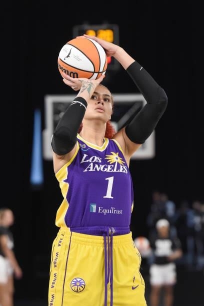 Amanda Zahui B of the Los Angeles Sparks looks to shoot the ball before the game against the Phoenix Mercury on June 16, 2021 at Los Angeles...