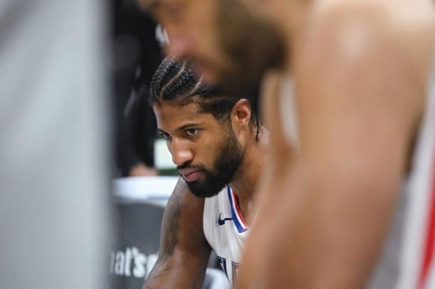 Paul George of the LA Clippers looks on during the game against the Utah Jazz during Round 2, Game 5 of the 2021 NBA Playoffs on June 16, 2021 at...