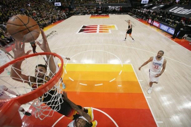 Rudy Gobert of the Utah Jazz dunks the ball during the game against the LA Clippers during Round 2, Game 5 of the 2021 NBA Playoffs on June 16, 2021...