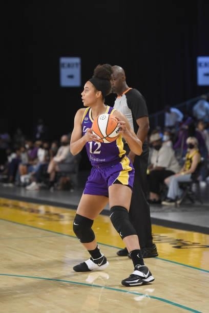 Nia Coffey of the Los Angeles Sparks handles the ball against the Phoenix Mercury on June 16, 2021 at Los Angeles Convention Center in Los Angeles,...