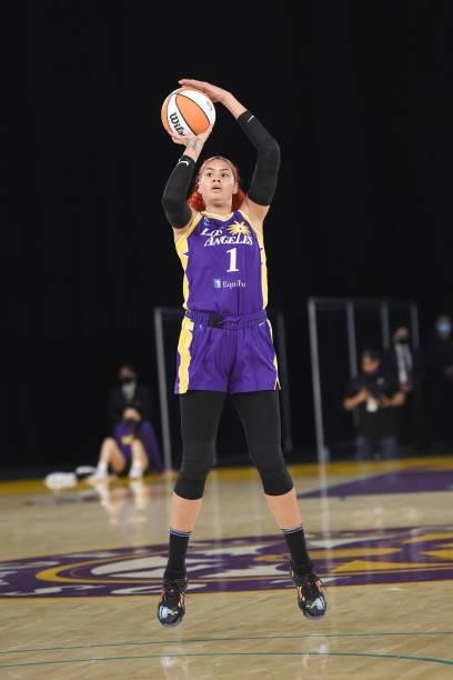 Amanda Zahui B of the Los Angeles Sparks shoots the ball against the Phoenix Mercury on June 16, 2021 at Los Angeles Convention Center in Los...